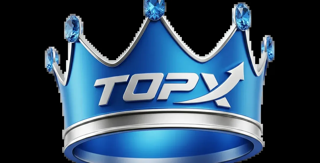 Coroa azul com a marca TopX sobre fundo escuro